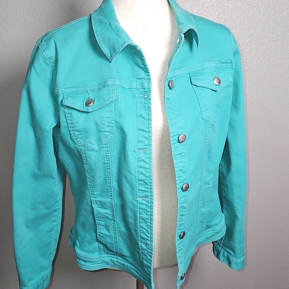 Tribal Jeans Teal Stretchy Jean Jacket Brushed Silver Buttons - Picture 2 of 11